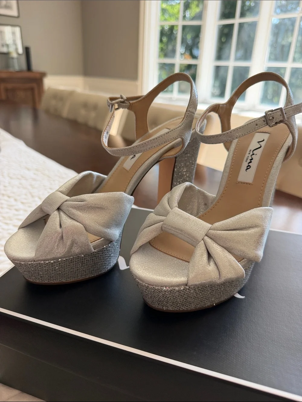 Nina Silver Glitter Knot-Front Platform Sandals with Ankle Strap